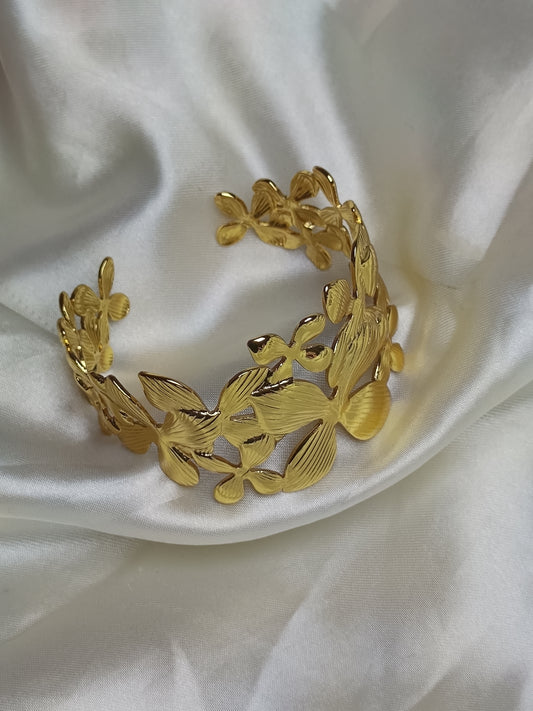 Golden Textured Flower Cuff Bracelet