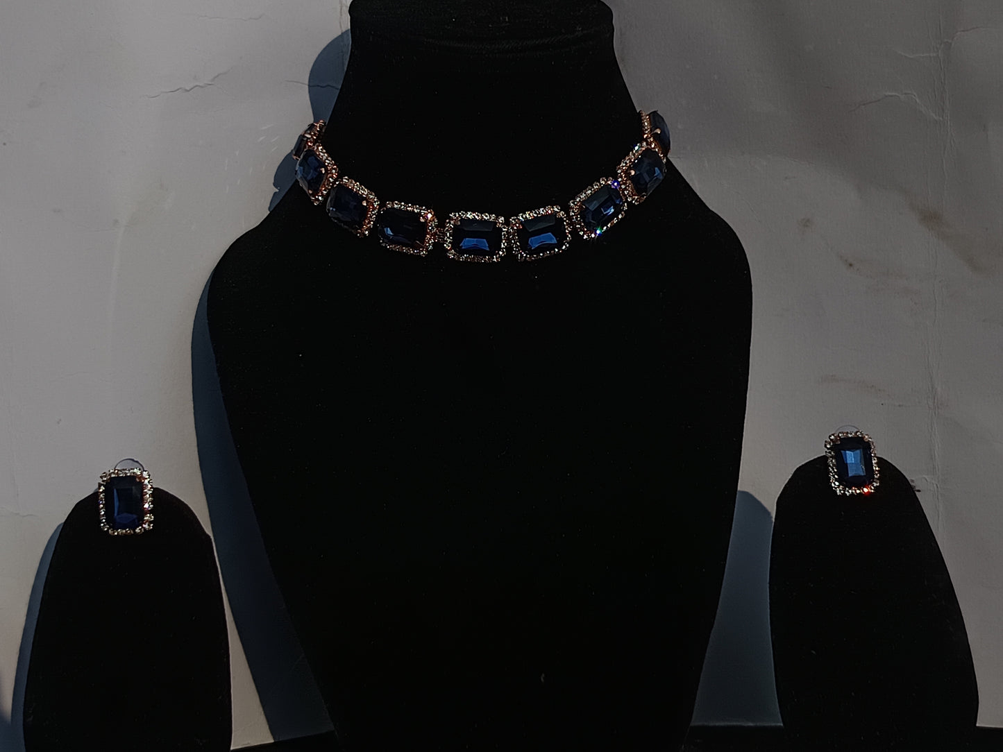Square Shaped AD Stone Studded Necklace Set -Dark Blue
