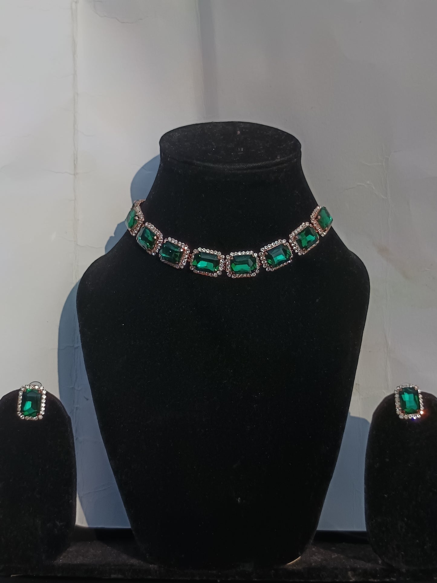 Square Shaped AD Stone Studded Necklace -Green