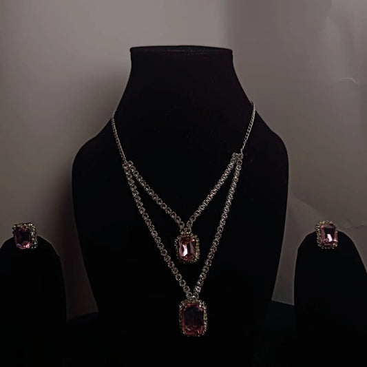 Baby Pink Stone Silver-Plated Necklace Set