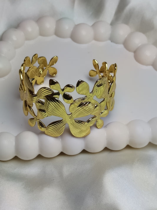 Golden Textured Flower Cuff Bracelet