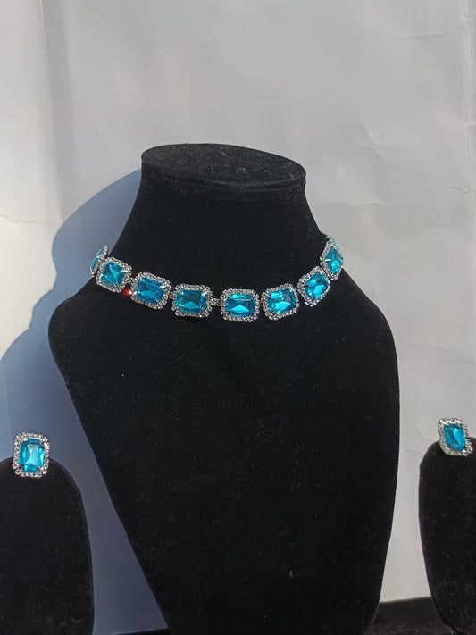 Square Shaped AD Stone Studded Necklace -Sky Blue