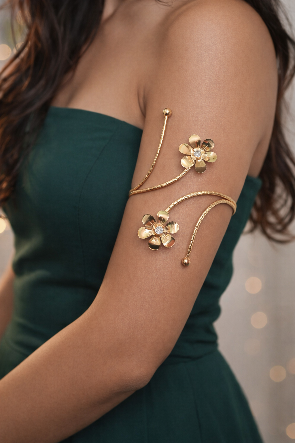 Nooriva Gold Tone Double Flower Upper Arm, Armlet Bracelet - Adjustable